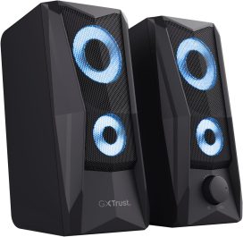 Trust Gaming GXT 606B Javv 2.0 Luidsprekers met RGB Verlichting, 12W (6W RMS), USB-voeding, 3,5 mm Audioaansluiting, Compacte Luidsprekerset, Stereo PC Speaker Set voor Computer, Laptop - Zwart